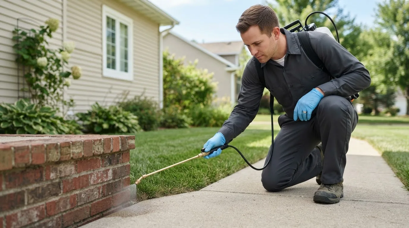 Pest control technician treating a home near Crewe, VA