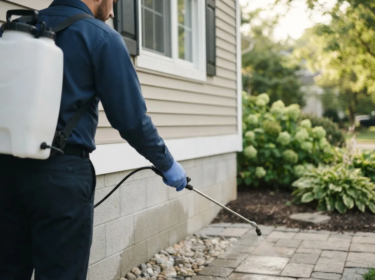 Pest control technician inspecting a home in Crewe, VA